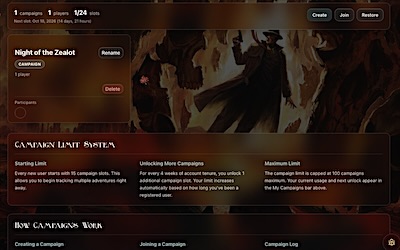 The My Campaigns bar with Create, Join and Restore buttons