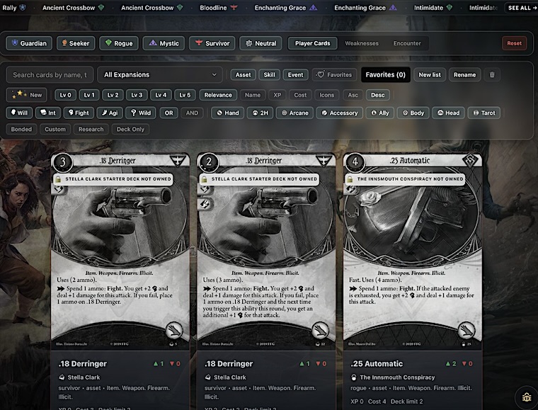 The Cards page with class, level, skill and slot filters above the card grid