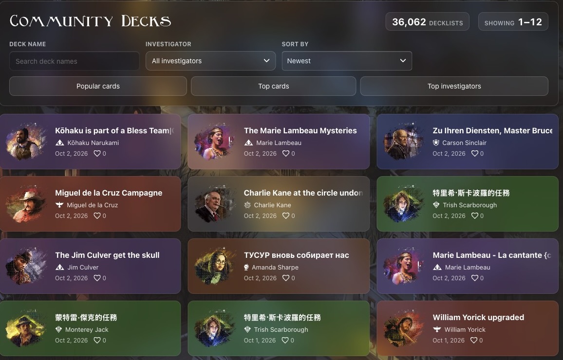 The Community Decks page: a grid of decklists with investigator portraits and class colours