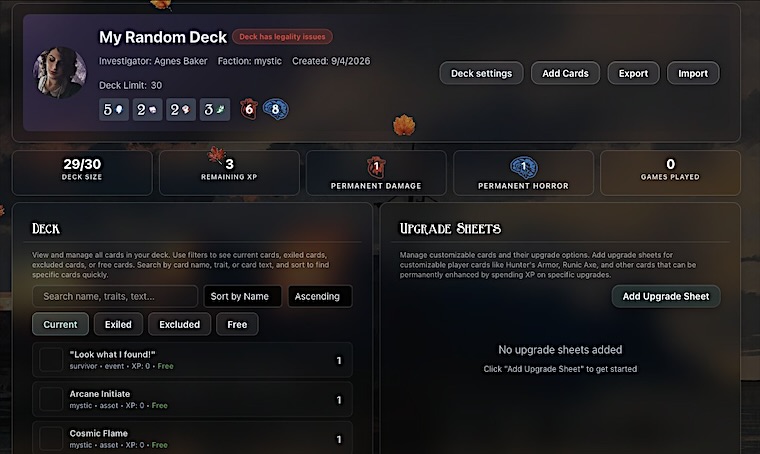The deck dashboard with deck stats, a legality badge, the card list and the Upgrade Sheets panel