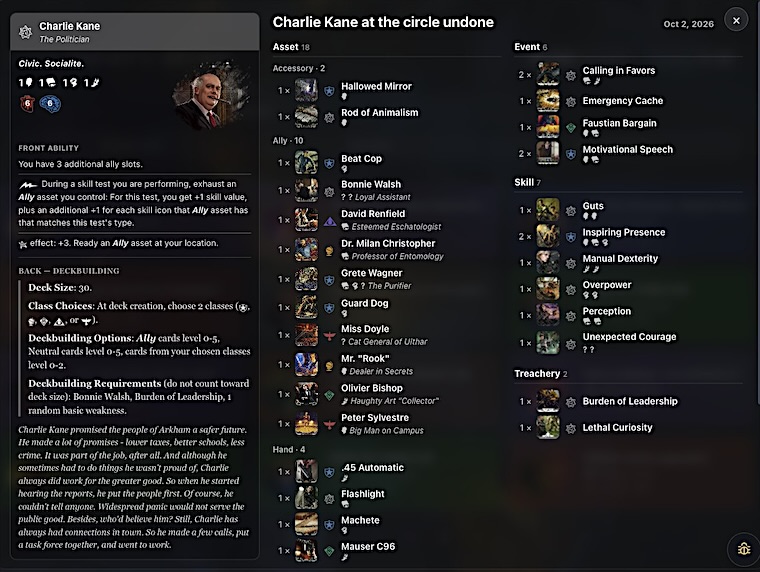 A community deck opened in the deck viewer, with the investigator card and the full card list