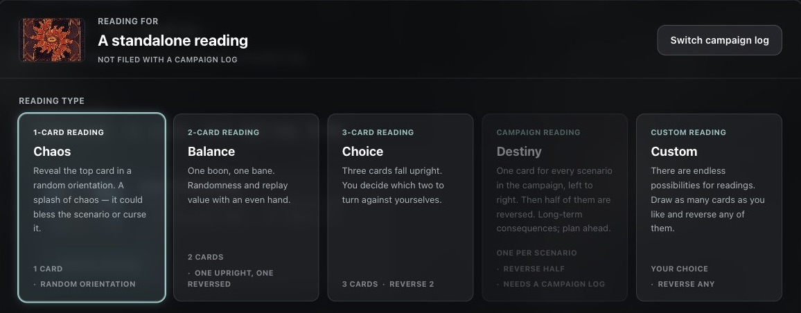 The reading type picker showing Chaos, Balance, Choice, Destiny and Custom